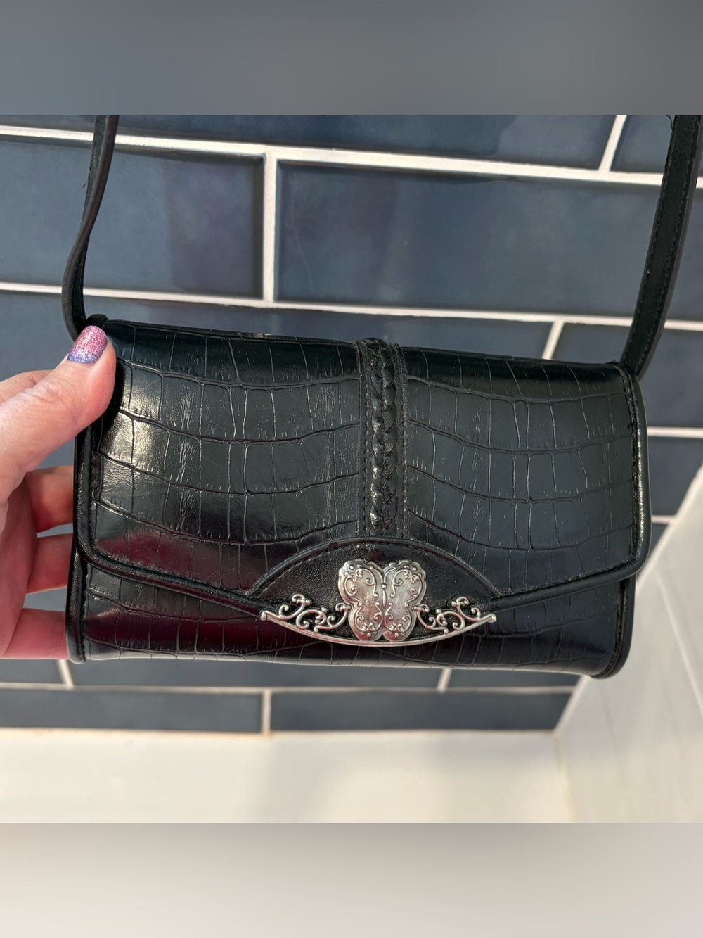 Black Croc-Embossed Leather Shoulder Bag with Silver Accent